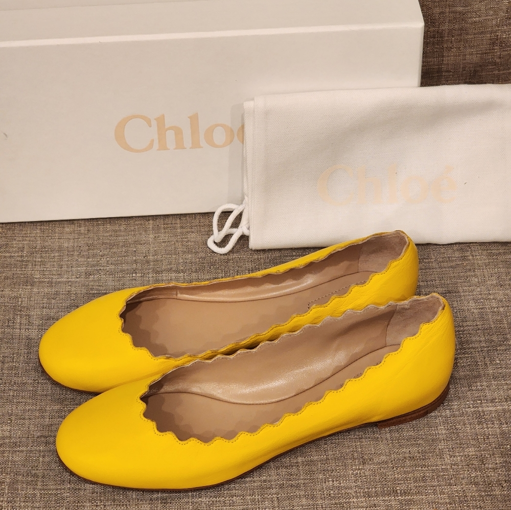 $595 Brand New 100% Chloe Lauren Scalloped Ballet Flats Yellow Leather 36 6